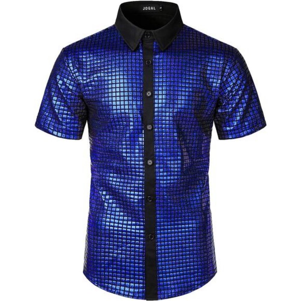 Mens 70s Disco Costume Silver Sequins Short Sleeve Button Down Shirts,Royal Blue